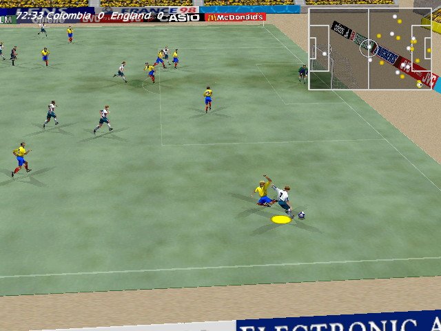 World Cup 98 screenshot: low-poly, realistic, three-quarter, no outlines, soft gradient (environment, combat)