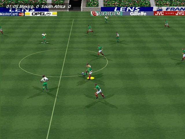 World Cup 98 screenshot: low-poly, realistic, three-quarter, no outlines, soft gradient (environment, combat)