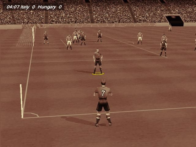 World Cup 98 screenshot: low-poly, realistic, three-quarter, no outlines, soft gradient (environment, combat)