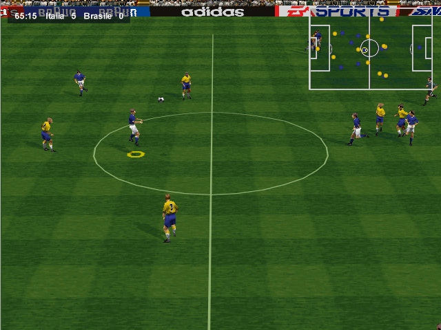 World Cup 98 screenshot: low-poly, realistic, three-quarter, no outlines, soft gradient (environment, combat)