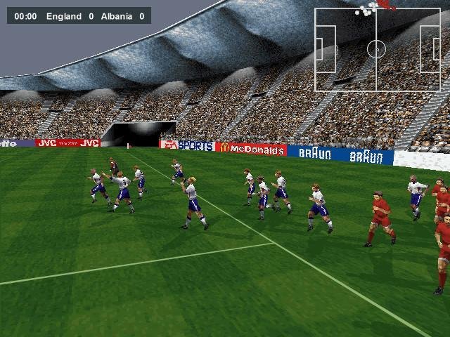 World Cup 98 screenshot: low-poly, realistic, three-quarter, no outlines, soft gradient (environment, character, cutscene)