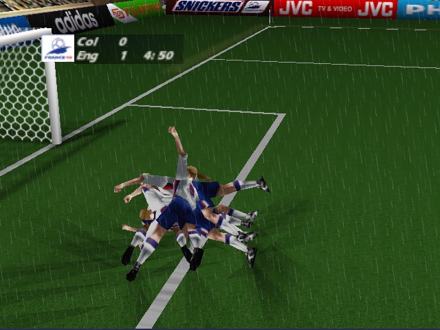 World Cup 98 screenshot: low-poly, realistic, three-quarter, no outlines, soft gradient (environment, character, cutscene)