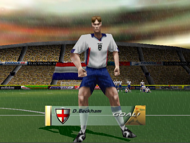 World Cup 98 screenshot: low-poly, realistic, three-quarter, no outlines, soft gradient (environment, character, cutscene)