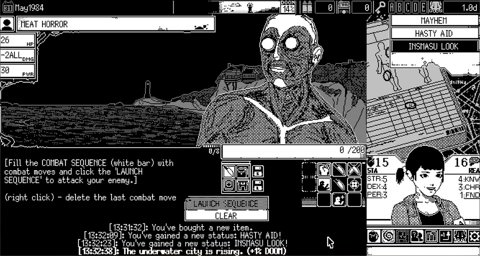 WORLD OF HORROR screenshot: pixel art, hand-drawn, first-person, fixed camera, inked lines, hatching (combat, character)