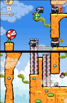 Yoshi's Island DS screenshot: pixel art, hand-drawn, side-scrolling, black outlines (environment, combat)