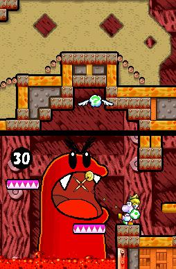 Yoshi's Island DS screenshot: pixel art, hand-drawn, side-scrolling, black outlines (environment, character, combat)
