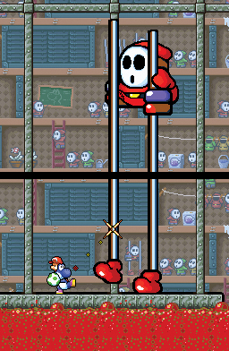 Yoshi's Island DS screenshot: pixel art, hand-drawn, side-scrolling, black outlines (environment, character, combat)