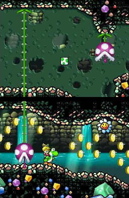 Yoshi's Island DS screenshot: pixel art, hand-drawn, side-scrolling, black outlines (environment, combat)