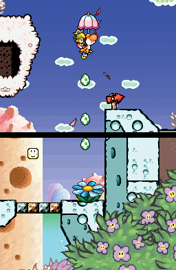 Yoshi's Island DS screenshot: pixel art, hand-drawn, side-scrolling, black outlines (environment, combat)