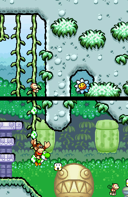 Yoshi's Island DS screenshot: pixel art, hand-drawn, side-scrolling, black outlines (environment, combat)