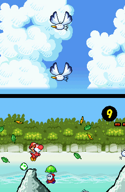 Yoshi's Island DS screenshot: pixel art, hand-drawn, side-scrolling, black outlines (environment, combat)