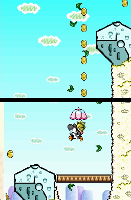 Yoshi's Island DS screenshot: pixel art, hand-drawn, side-scrolling, black outlines (environment, combat)