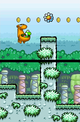Yoshi's Island DS screenshot: pixel art, hand-drawn, side-scrolling, black outlines (environment, character, combat)
