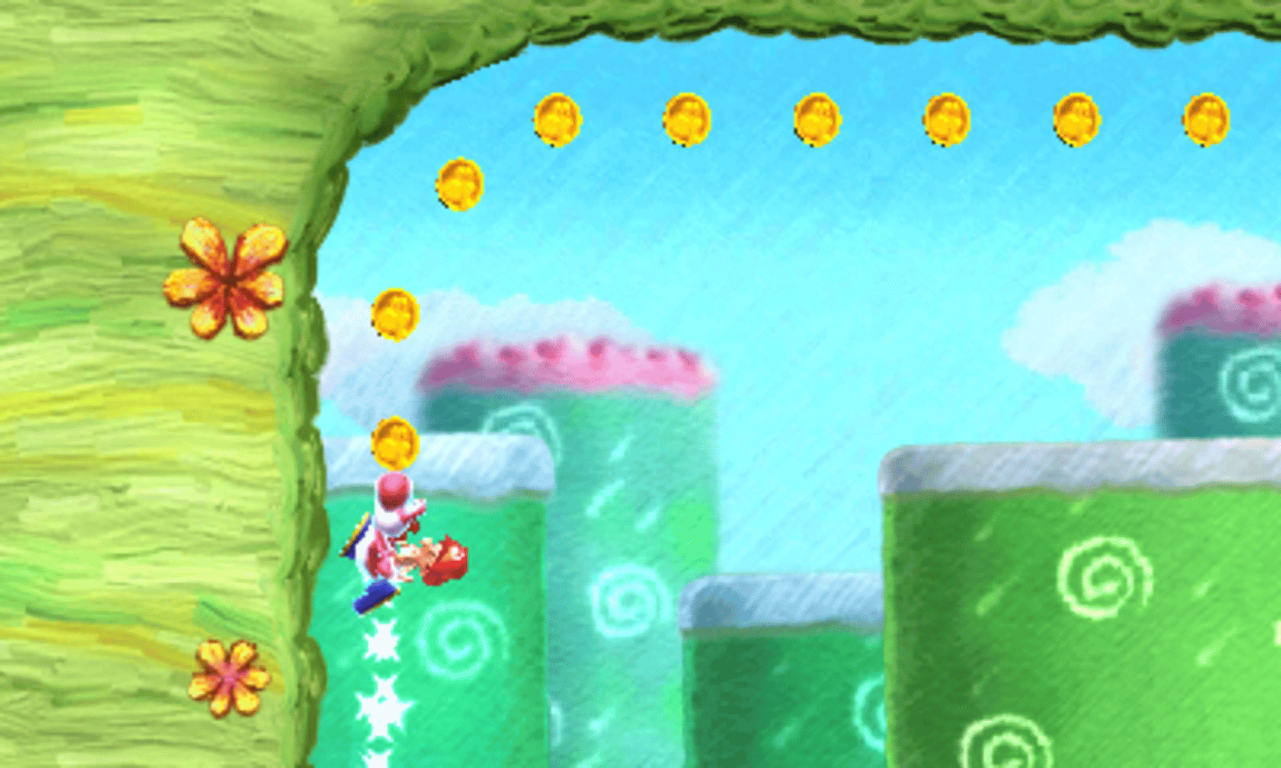Yoshi's New Island screenshot: painterly, stylized 3d, side-scrolling, no outlines, soft gradient (environment)