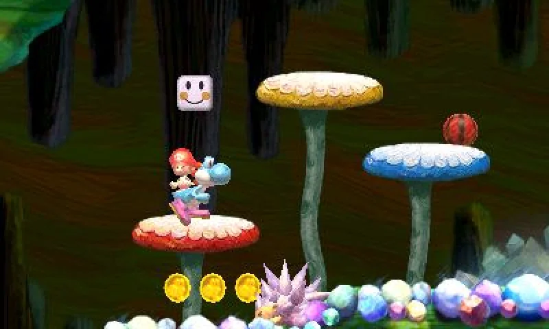 Yoshi's New Island screenshot: painterly, stylized 3d, side-scrolling, no outlines, soft gradient (environment, character)