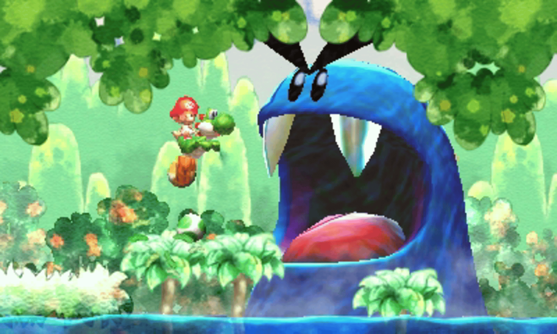 Yoshi's New Island screenshot: painterly, stylized 3d, side-scrolling, no outlines, soft gradient (environment, combat)