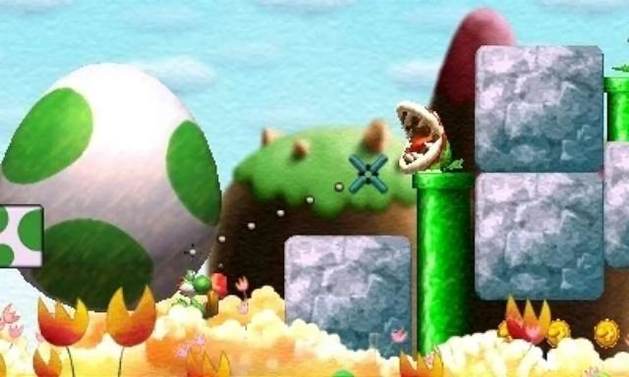 Yoshi's New Island screenshot: painterly, stylized 3d, side-scrolling, no outlines, soft gradient (character, environment)