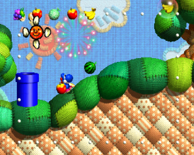 Yoshi's Story screenshot: pre-rendered, papercraft, diorama, side-scrolling, no outlines, soft gradient (environment)