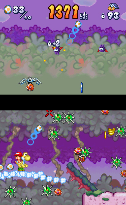 Yoshi Touch & Go screenshot: pixel art, side-scrolling, black outlines, soft gradient (environment, combat)