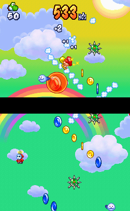 Yoshi Touch & Go screenshot: pixel art, side-scrolling, black outlines, soft gradient (environment, combat)