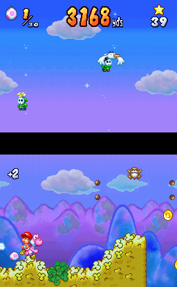 Yoshi Touch & Go screenshot: pixel art, side-scrolling, black outlines, soft gradient (environment, combat)
