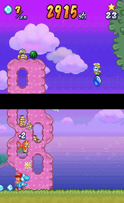 Yoshi Touch & Go screenshot: pixel art, side-scrolling, black outlines, soft gradient (environment, combat)