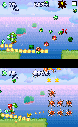 Yoshi Touch & Go screenshot: pixel art, side-scrolling, black outlines, soft gradient (environment, combat)