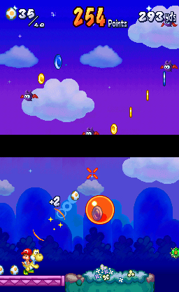 Yoshi Touch & Go screenshot: pixel art, side-scrolling, black outlines, soft gradient (environment, combat)