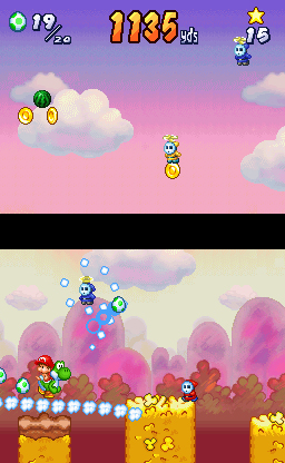 Yoshi Touch & Go screenshot: pixel art, side-scrolling, black outlines, soft gradient (environment, combat)