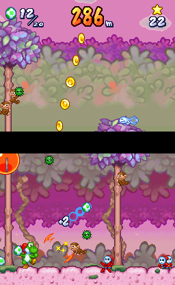 Yoshi Touch & Go screenshot: pixel art, side-scrolling, black outlines, soft gradient (environment, character, combat)