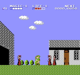 Zelda II: The Adventure of Link screenshot: pixel art, side-scrolling, top-down, flat / unlit (environment, character)