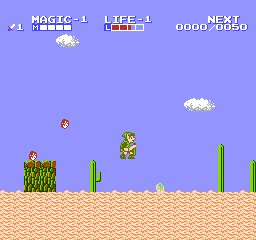Zelda II: The Adventure of Link screenshot: pixel art, side-scrolling, top-down, flat / unlit (environment, combat)