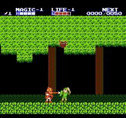 Zelda II: The Adventure of Link screenshot: pixel art, side-scrolling, top-down, flat / unlit (environment, combat)