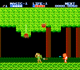 Zelda II: The Adventure of Link screenshot: pixel art, side-scrolling, top-down, flat / unlit (environment, combat)