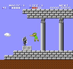 Zelda II: The Adventure of Link screenshot: pixel art, side-scrolling, top-down, flat / unlit (environment, combat)