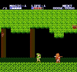 Zelda II: The Adventure of Link screenshot: pixel art, side-scrolling, top-down, flat / unlit (environment, combat)
